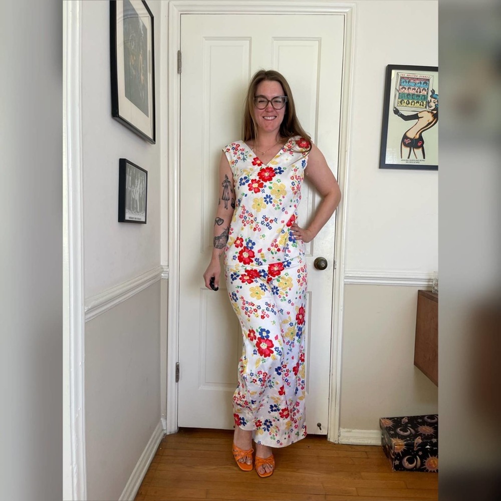 60s Vintage White Floral Pant Suit